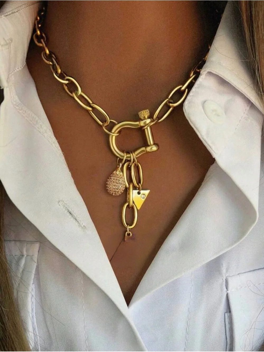 Western Horseshoe Necklace Gold Chunky Charm Necklace - Red accents